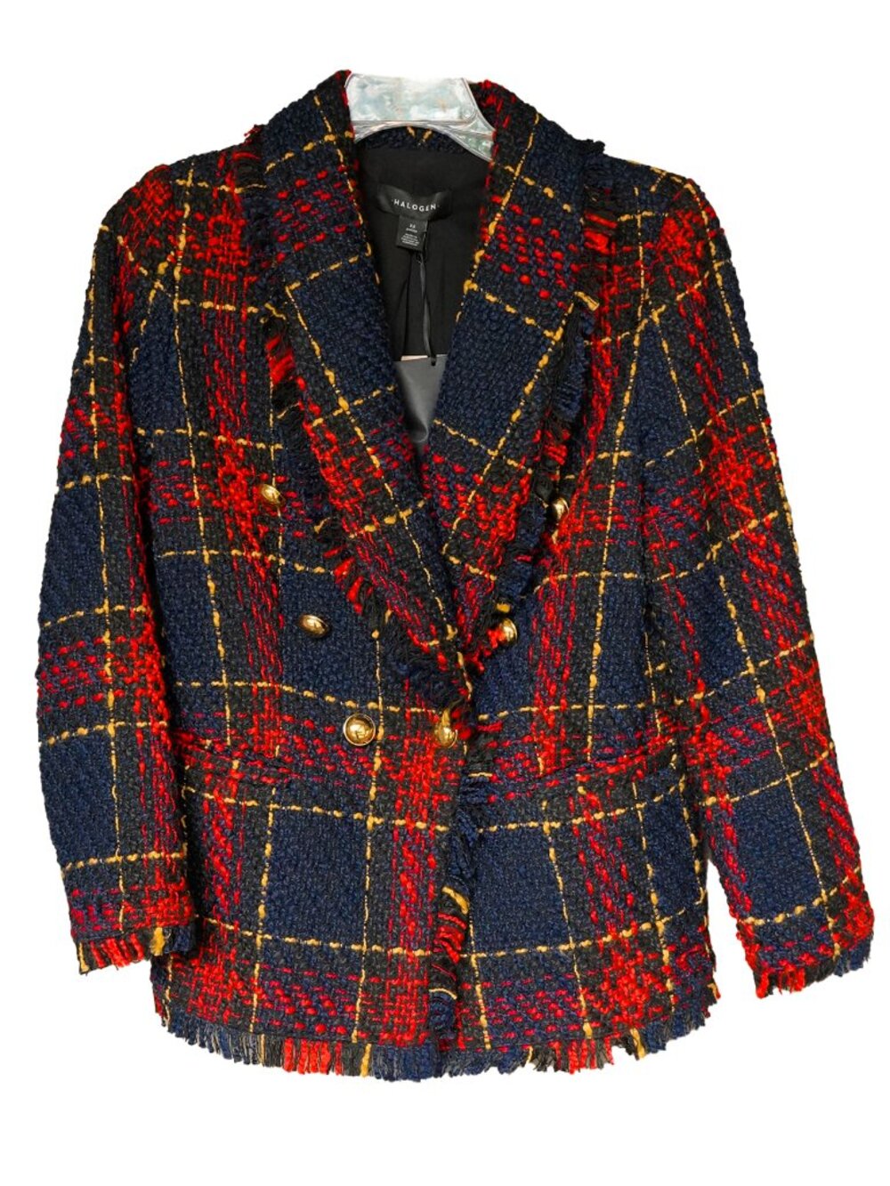 Halogen Plaid Jacket Tweed Twee Academia Navy Red Gold Jackie O Blazer Coat XSP
